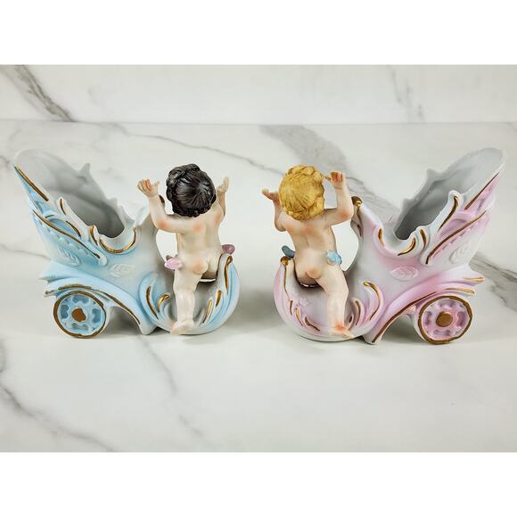 Putti Cherub Shoe Cart Porcelain Bisque 4" Figurine Blue Pink Home Decor x2 - Picture 9 of 16